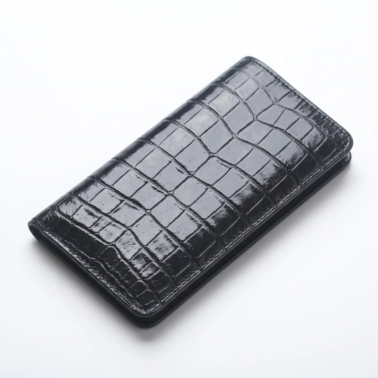 Long Croc Wallet — Full Crocodile-Embossed Leather, 10 Card Slots, Snap Closure | Black
