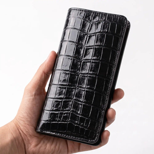 Long Croc Wallet — Full Crocodile-Embossed Leather, 10 Card Slots, Snap Closure | Black