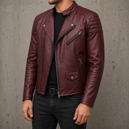 Men’s Biker Jacket – Cow Leather Collar Zip Style Premium Motorcycle Jacket (Bown)
