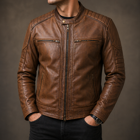 Men Cow leather cafe racer jacket zip