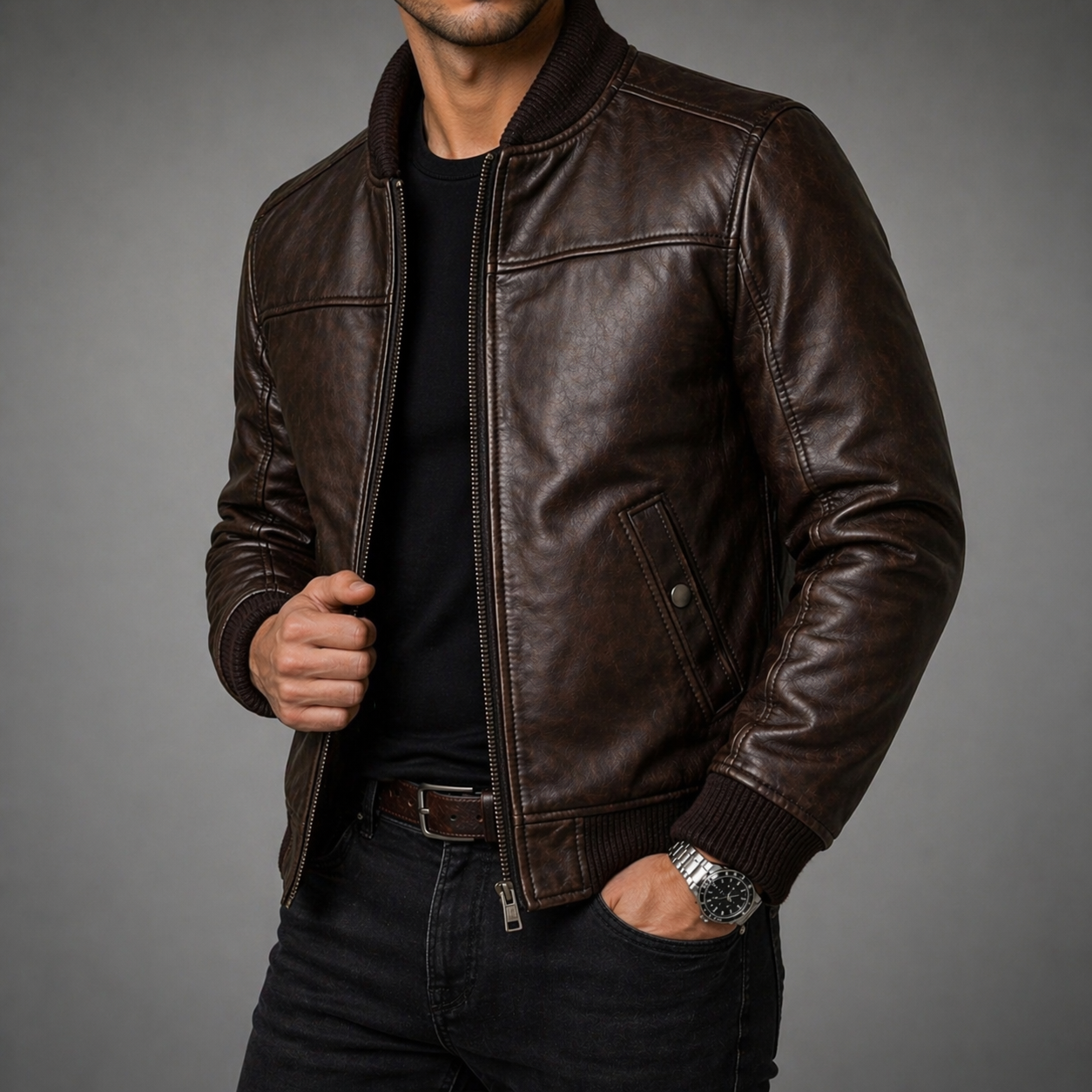 Men’s Sheepskin Leather Bomber Jacket – Premium Zip-Up Winter Aviator Style