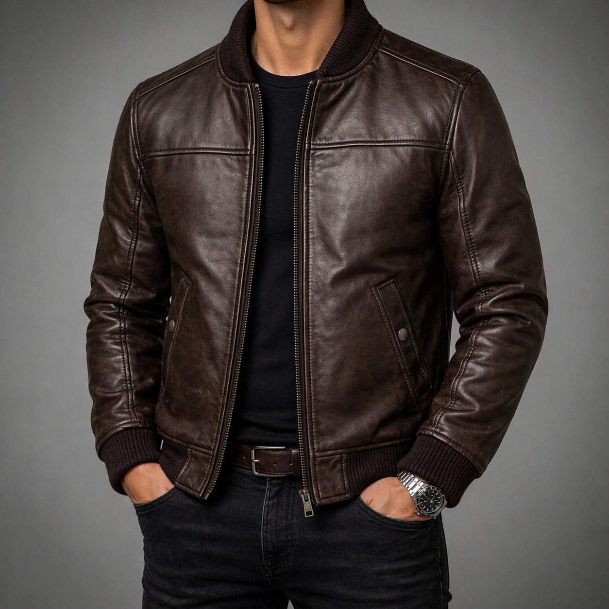 Men’s Sheepskin Leather Bomber Jacket – Premium Zip-Up Winter Aviator Style