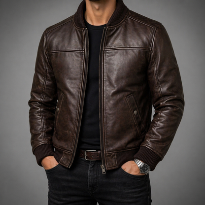 Men’s Sheepskin Leather Bomber Jacket – Premium Zip-Up Winter Aviator Style