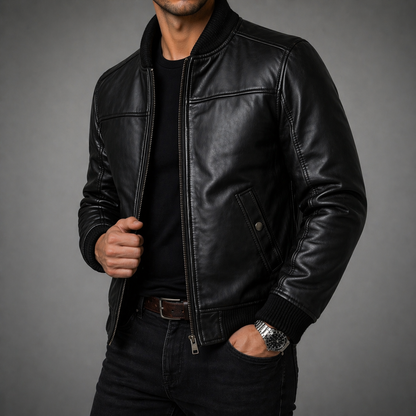 Men’s Sheepskin Leather Jacket – Premium Zip-Up Winter Aviator Style, Black