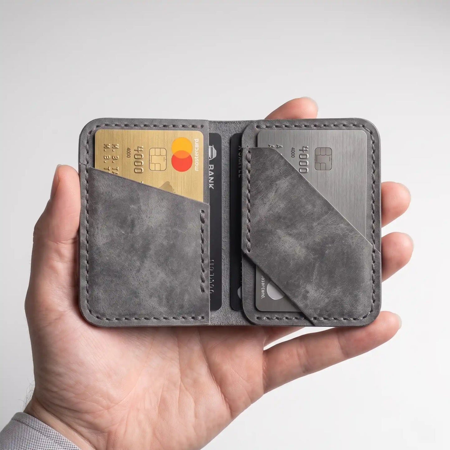 Minimalist Card Holder — Crazy Horse Leather, 4 Card Slots, Diagonal Pocket Design | Slate Grey