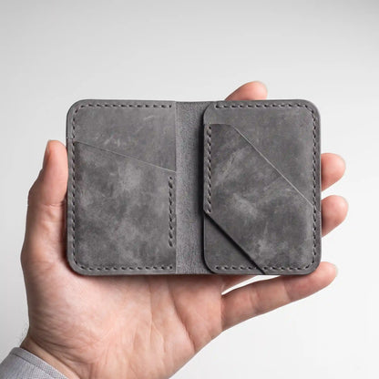 Minimalist Card Holder — Crazy Horse Leather, 4 Card Slots, Diagonal Pocket Design | Slate Grey