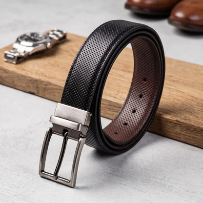Reversible Perforated Leather Belt — 2-in-1 Black & Brown