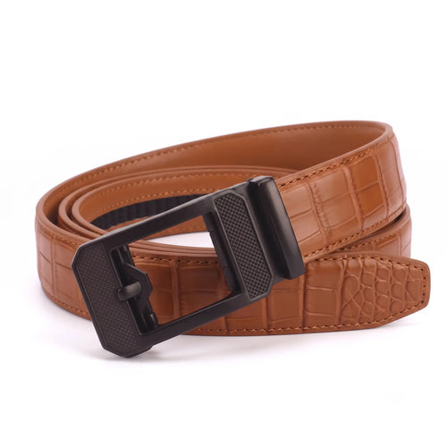 Men's Croc-Embossed Leather Auto-Lock Belt – Cognac, Matte Black Buckle