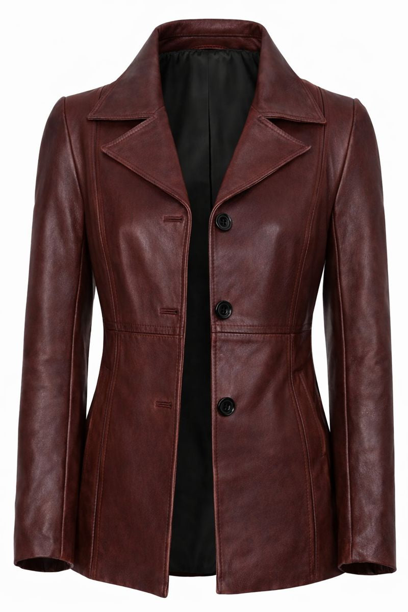 Women’s Lambskin Leather Long Jacket – Elegant Zip-Up Slim Fit Trench Style Coat