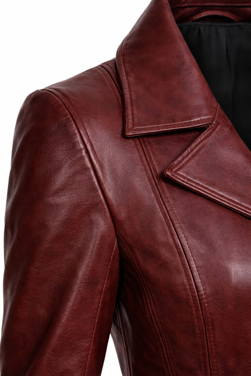 Women’s Lambskin Leather Long Jacket – Elegant Zip-Up Slim Fit Trench Style Coat
