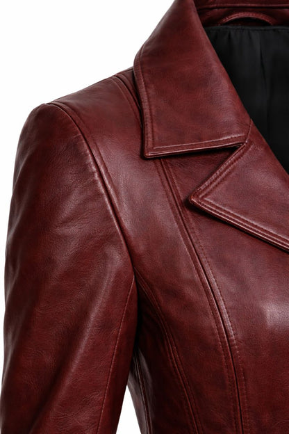 Women’s Lambskin Leather Long Jacket – Elegant Zip-Up Slim Fit Trench Style Coat