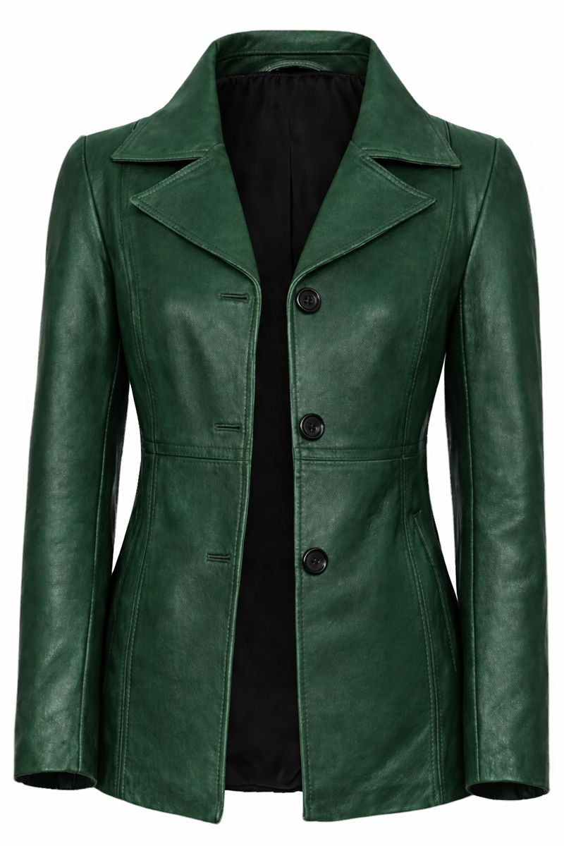 Women’s Lambskin Leather Long Jacket – Elegant Zip-Up Slim Fit Trench Style Coat (Green)