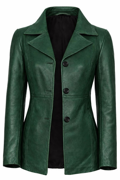 Women’s Lambskin Leather Long Jacket – Elegant Zip-Up Slim Fit Trench Style Coat (Green)