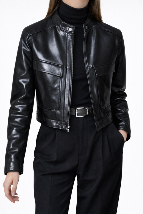 Women’s Cow Leather Biker Jacket – Asymmetrical Zip Closure Moto Style Slim Fit