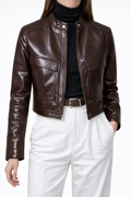 Women Cropped Cow Leather Jacket Brown, Modern Style