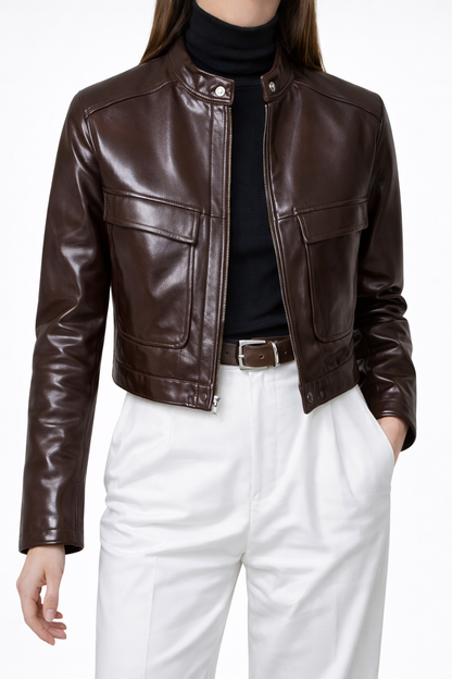 Women Cropped Cow Leather Jacket Brown, Modern Style