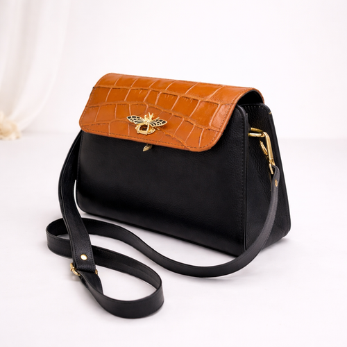 Ladies Leather Hand & Shoulder Bag – Crocodile Flap Design with Butterfly Button Zip Closure