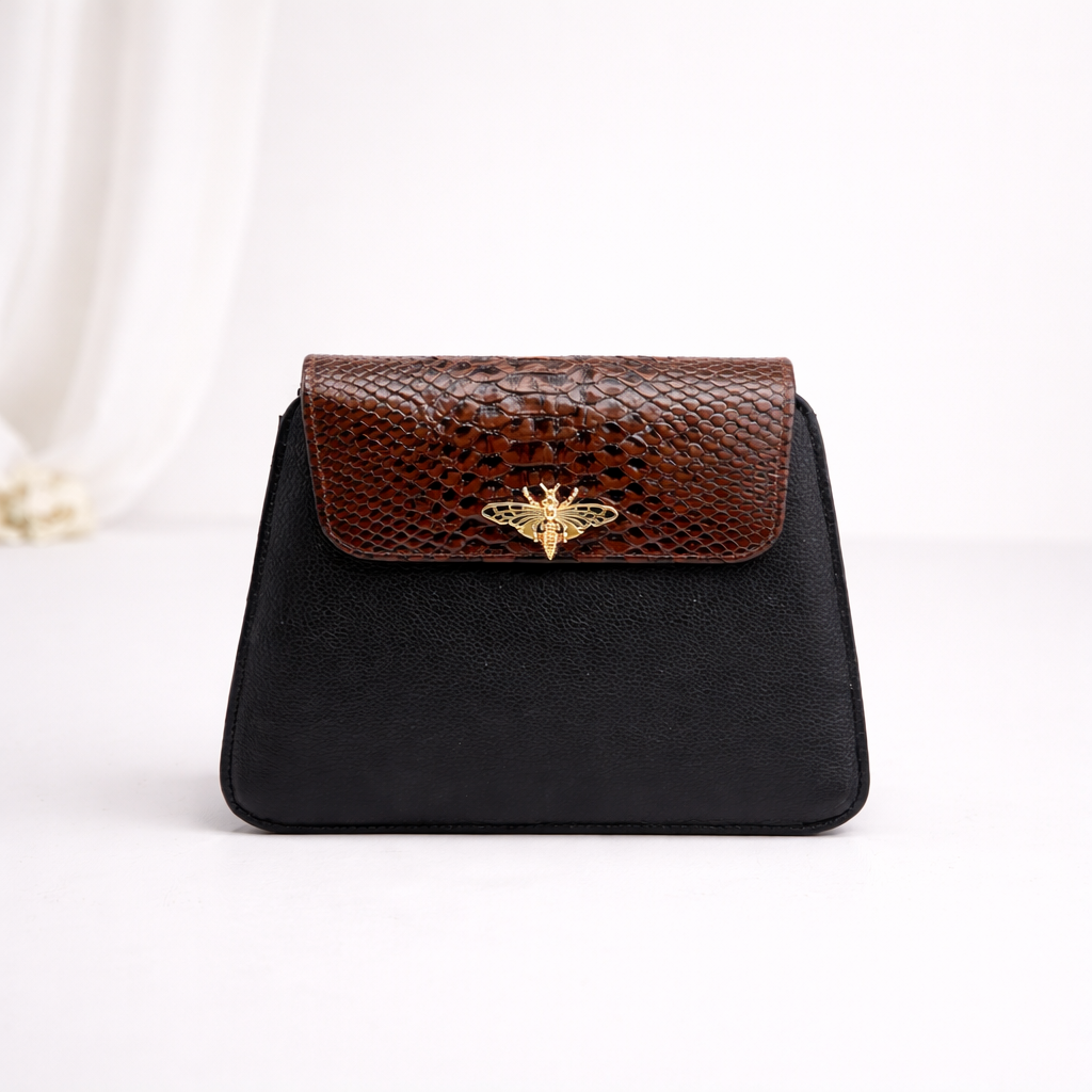 Ladies Leather Hand & Shoulder Bag – Crocodile Flap Design with Butterfly Button Zip Closure