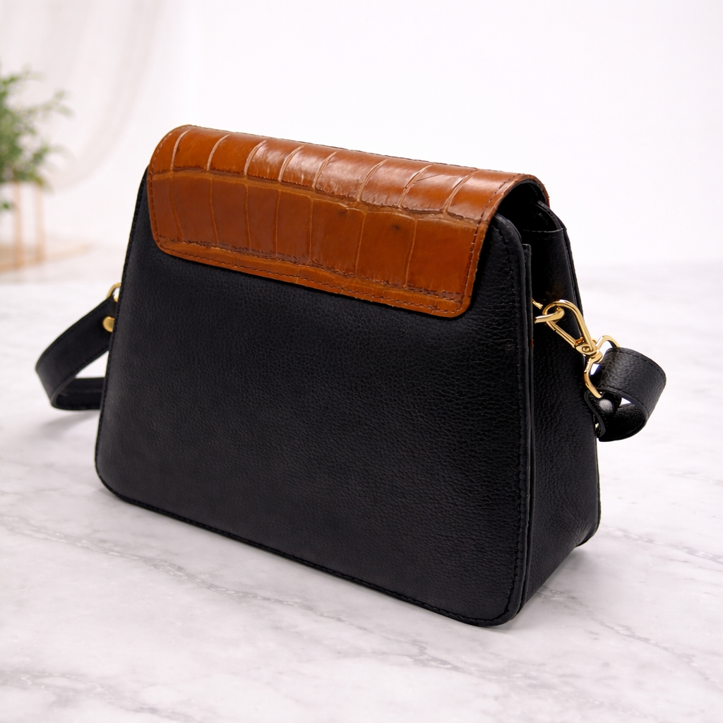 Ladies Leather Hand & Shoulder Bag – Crocodile Flap Design with Butterfly Button Zip Closure