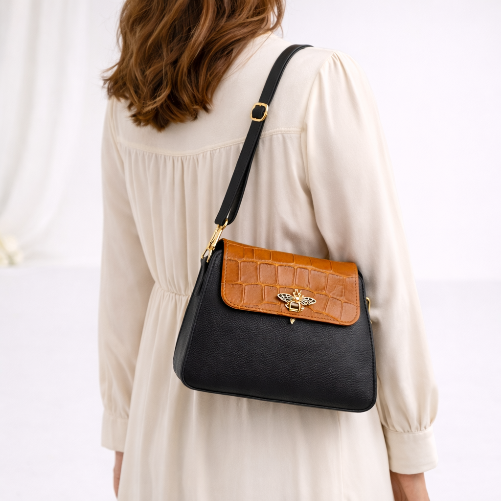 Ladies Leather Hand & Shoulder Bag – Crocodile Flap Design with Butterfly Button Zip Closure