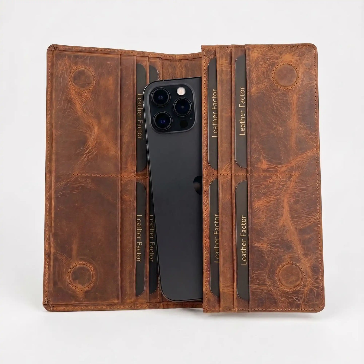 Long Leather Wallet – Unisex, Distressed Pull-Up Brown, Snap Closure, Phone & Card Organizer