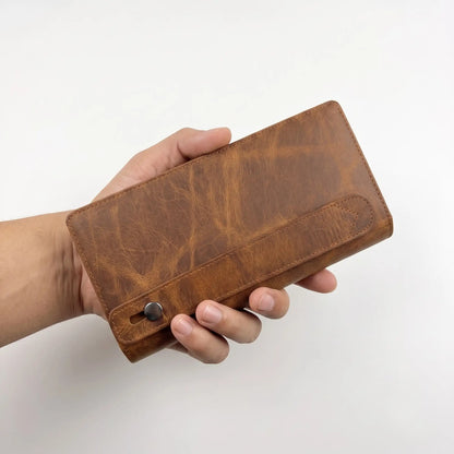 Long Leather Wallet – Unisex, Distressed Pull-Up Brown, Snap Closure, Phone & Card Organizer