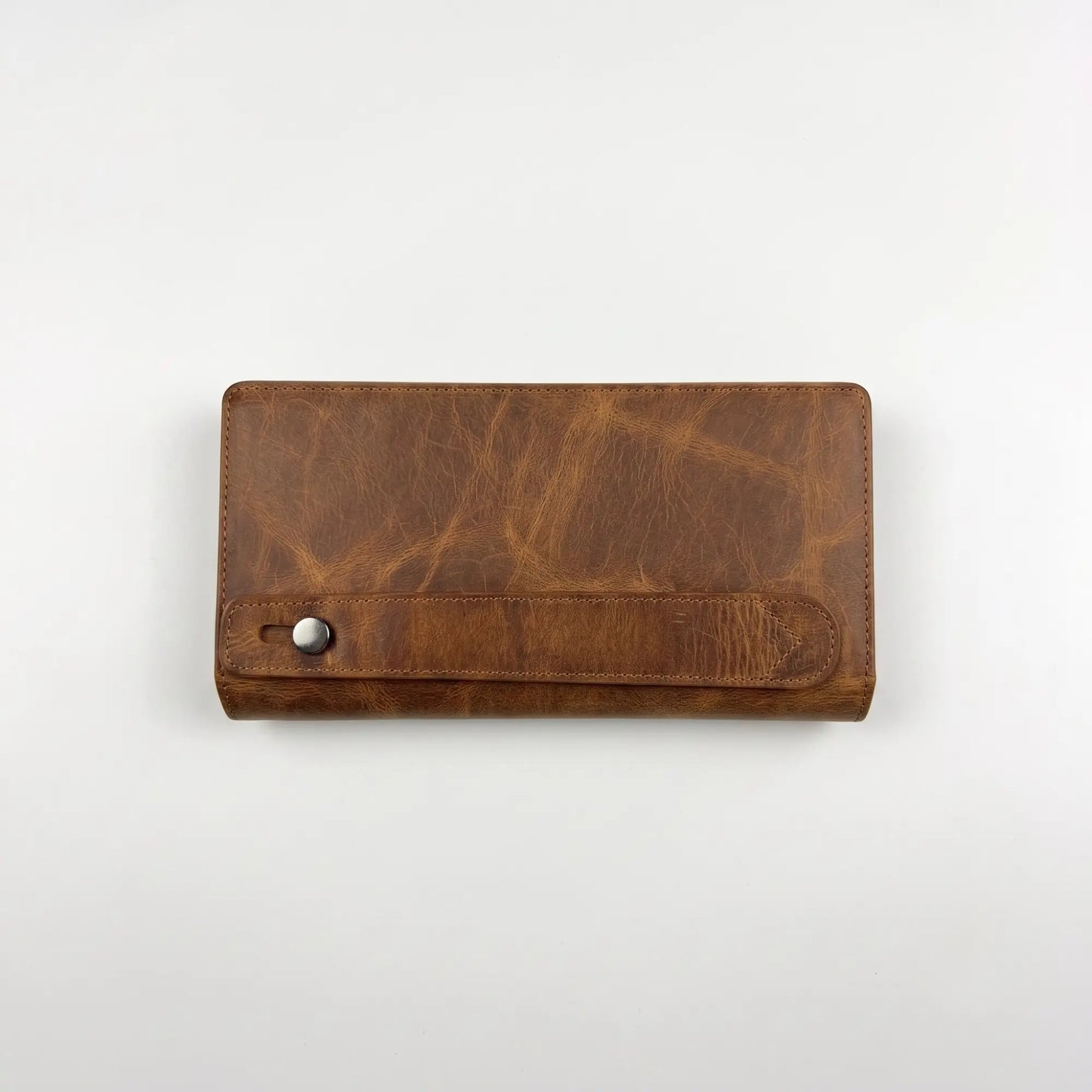 Long Leather Wallet – Unisex, Distressed Pull-Up Brown, Snap Closure, Phone & Card Organizer