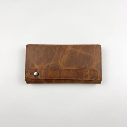 Long Leather Wallet – Unisex, Distressed Pull-Up Brown, Snap Closure, Phone & Card Organizer