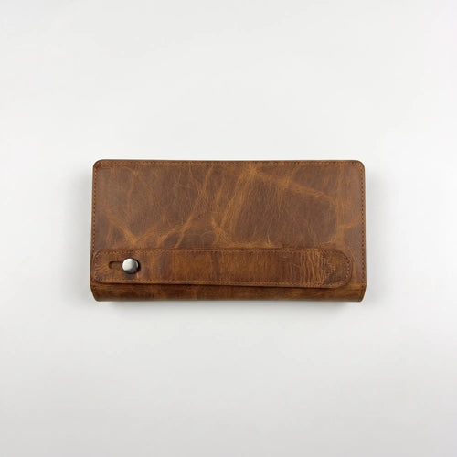 Long Leather Wallet – Unisex, Distressed Pull-Up Brown, Snap Closure, Phone & Card Organizer