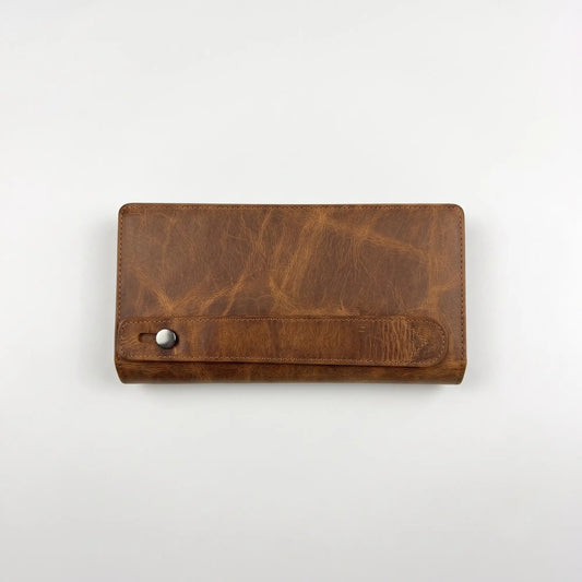 Long Leather Wallet – Unisex, Distressed Pull-Up Brown, Snap Closure, Phone & Card Organizer