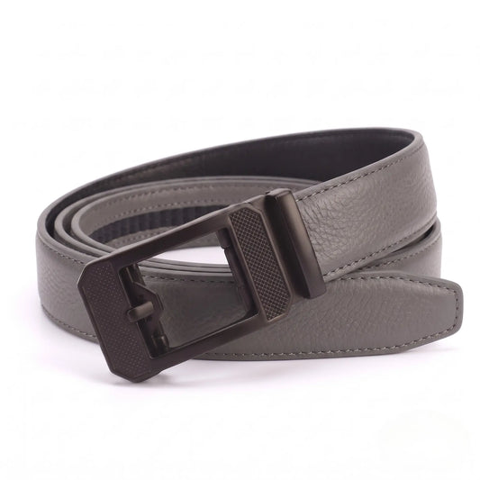 Men's Genuine Leather Auto-Lock Belt – Grey, No Holes, Matte Black Buckle