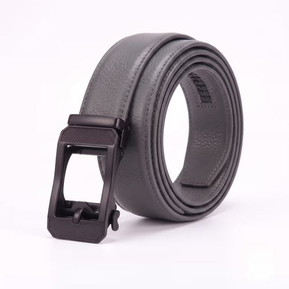 Men's Genuine Leather Auto-Lock Belt – Grey, No Holes, Matte Black Buckle